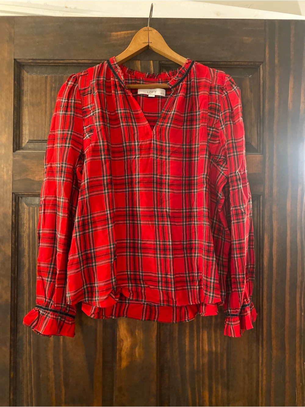 LOFT Red Plaid V-Neck Ruffle Hem Blouse